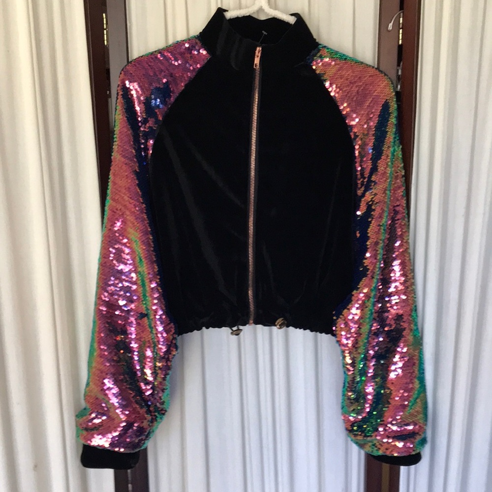 Aria sequin sleeves bomber jacket Sz L